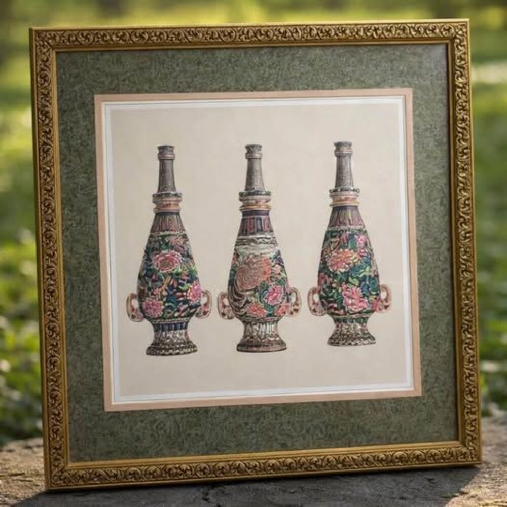 Set of 2 Vintage Asian Oriental Framed Wall Art Porcelain Vases Gold Frames
